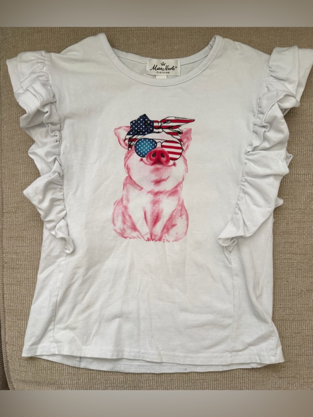 Marie Nicole Girl’s White Ruffle Sleeve Patriotic Pig Top Sz 8